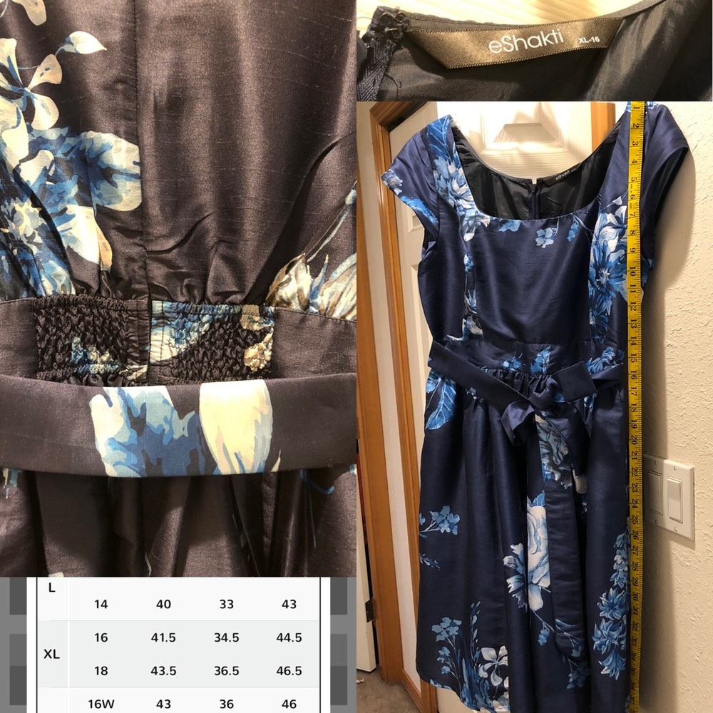 Blue and white flower print duponi dress with sash